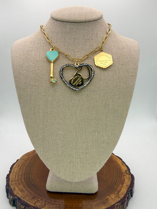 Gold Stainless Steel T&Co. Charm Necklace & Stud Earrings Jewelry Set