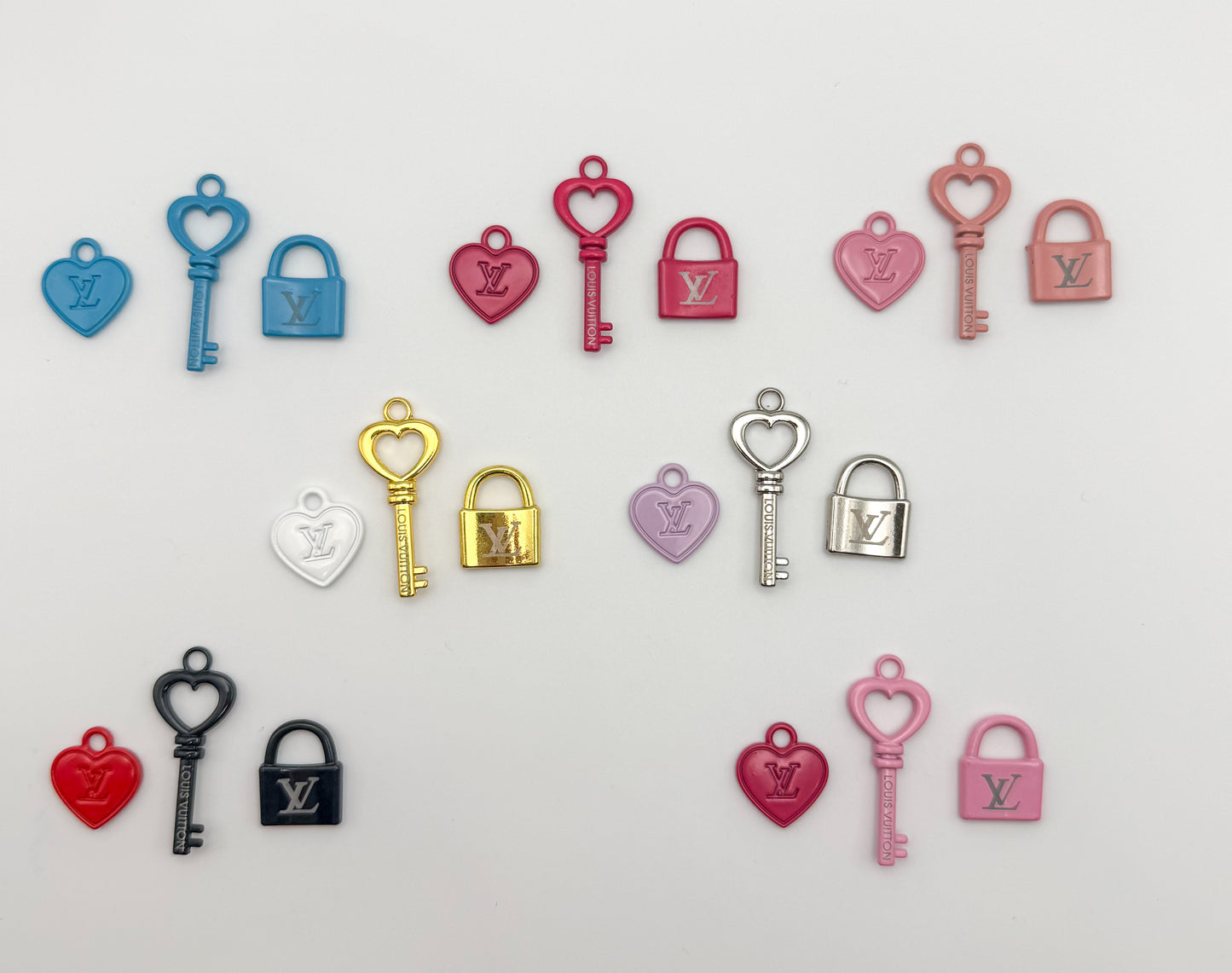 High Quality LV Inspired Lock N Key, Heart Colorful Metal Charm sets
