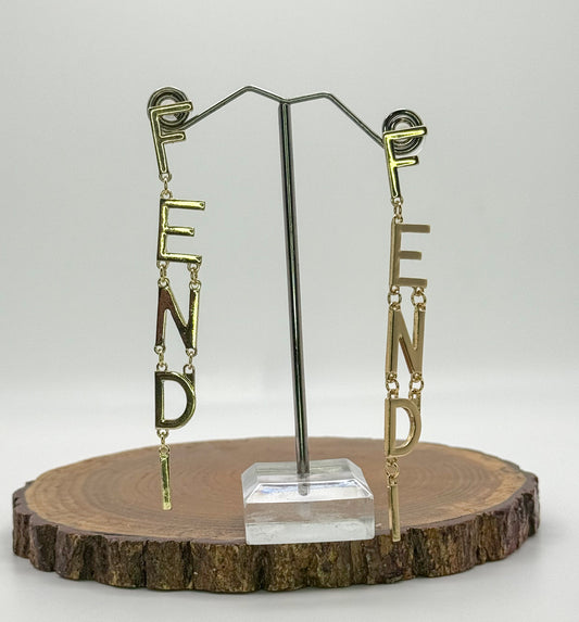 Long Gold Fendi Designer Dangle Stud Earrings