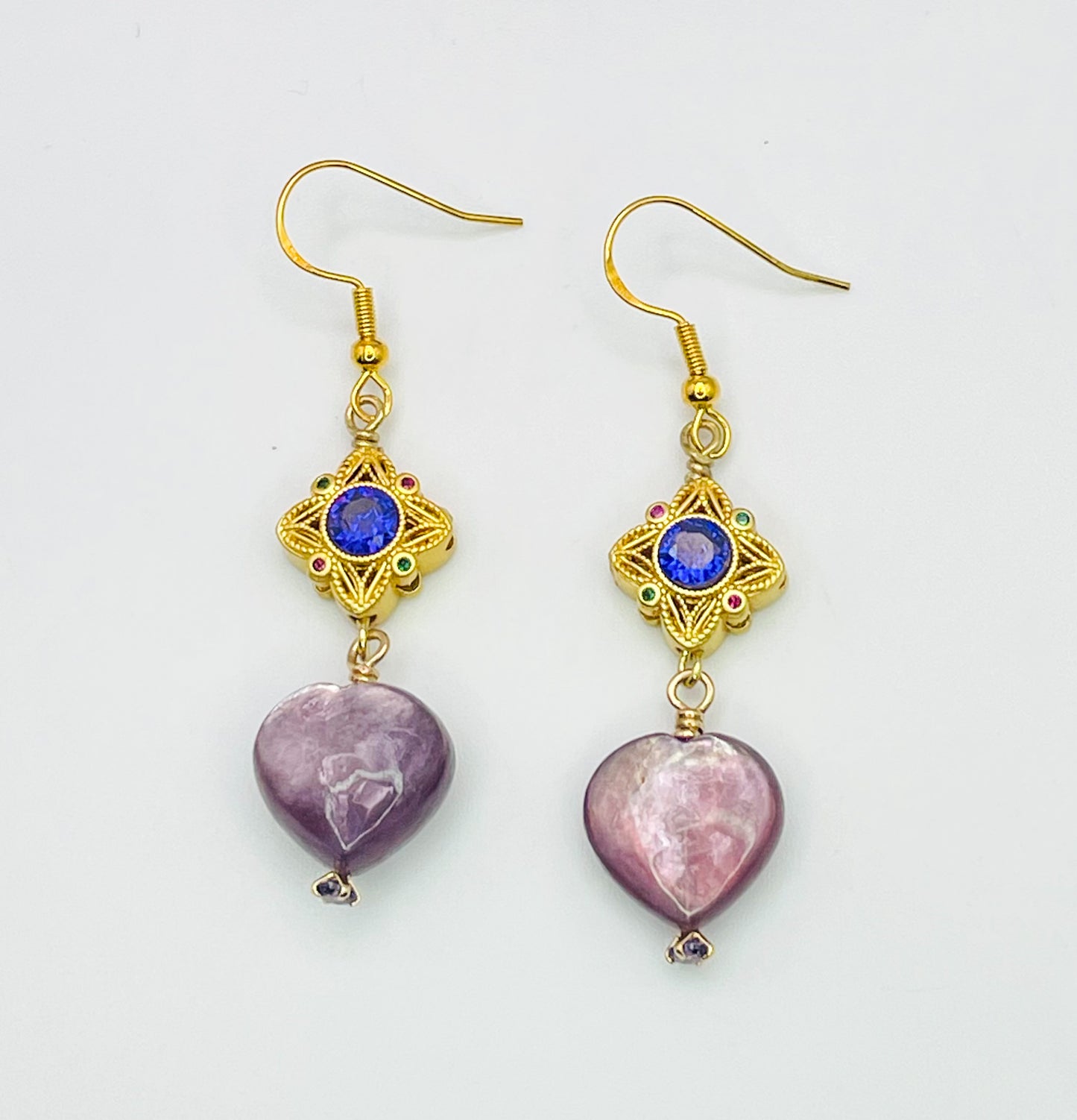 Natural Lepidolite Heart Gold Earrings