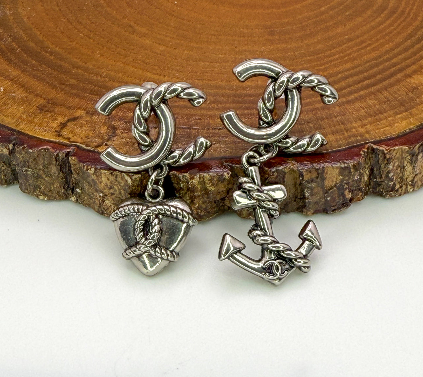 Antique Gold & Silver CC Designer Love & Anchor Stud Dangle Earrings