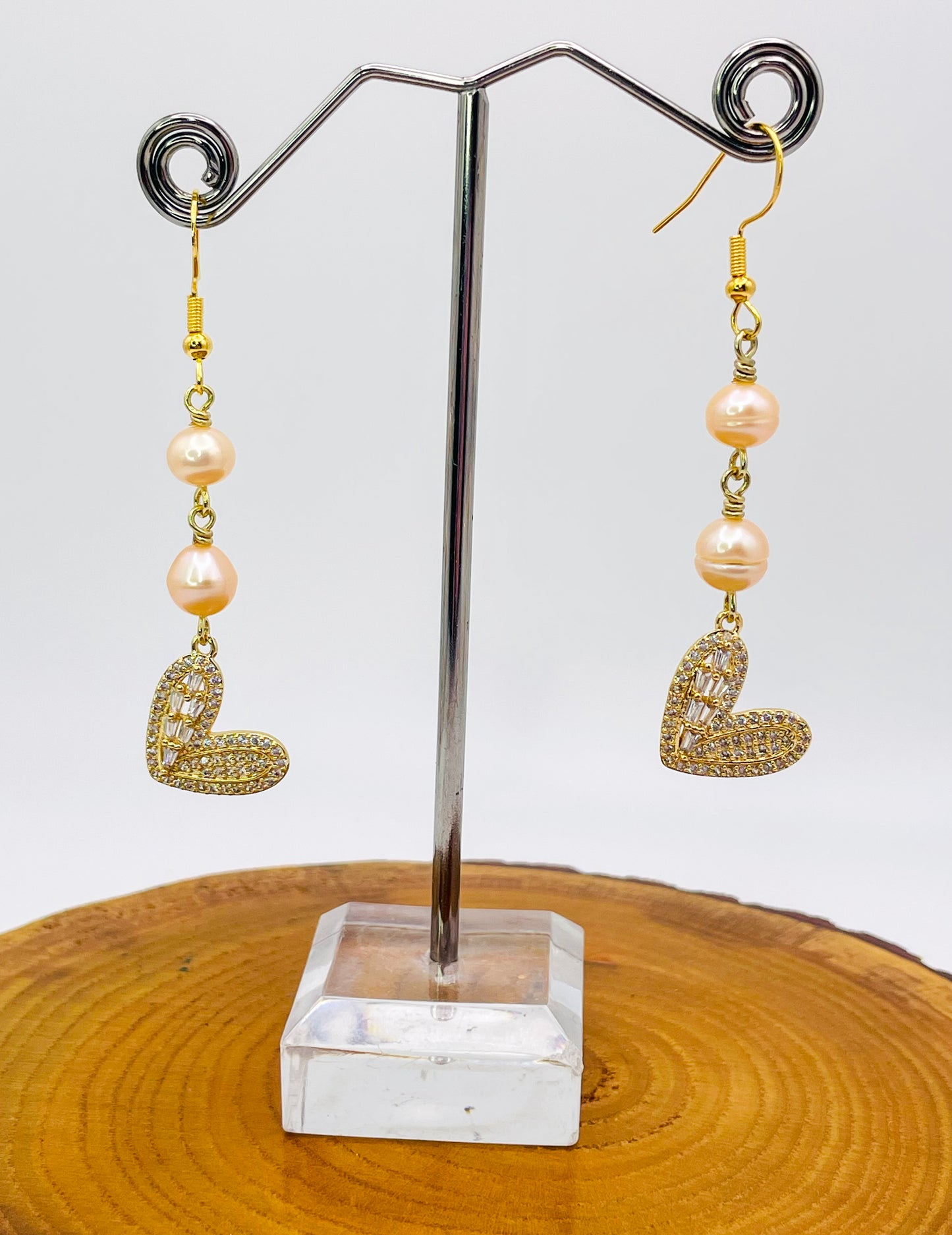 Bling Heart Earrings with Freshwater Pink Pearls