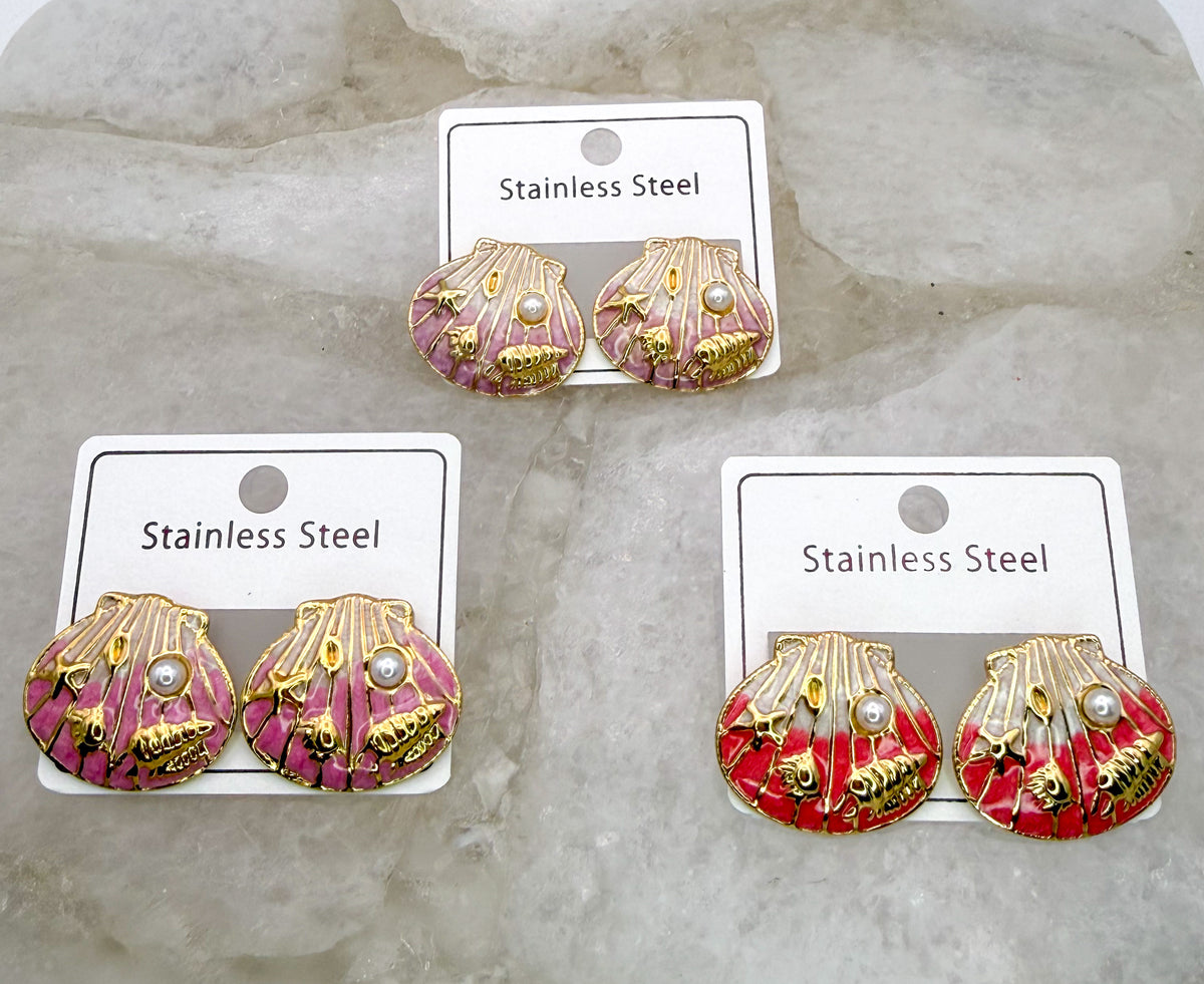 Gold Stainless Steel Colorful Shell Stud Earrings