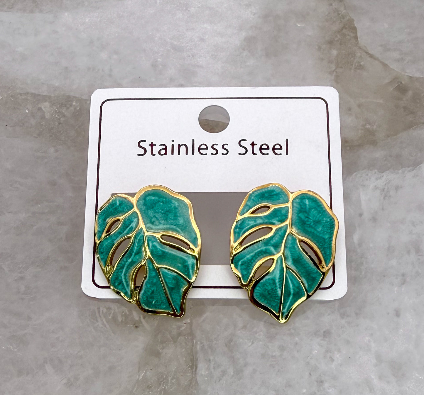 Colorful Monstera Leaf Gold Stainless Steel Stud Earrings