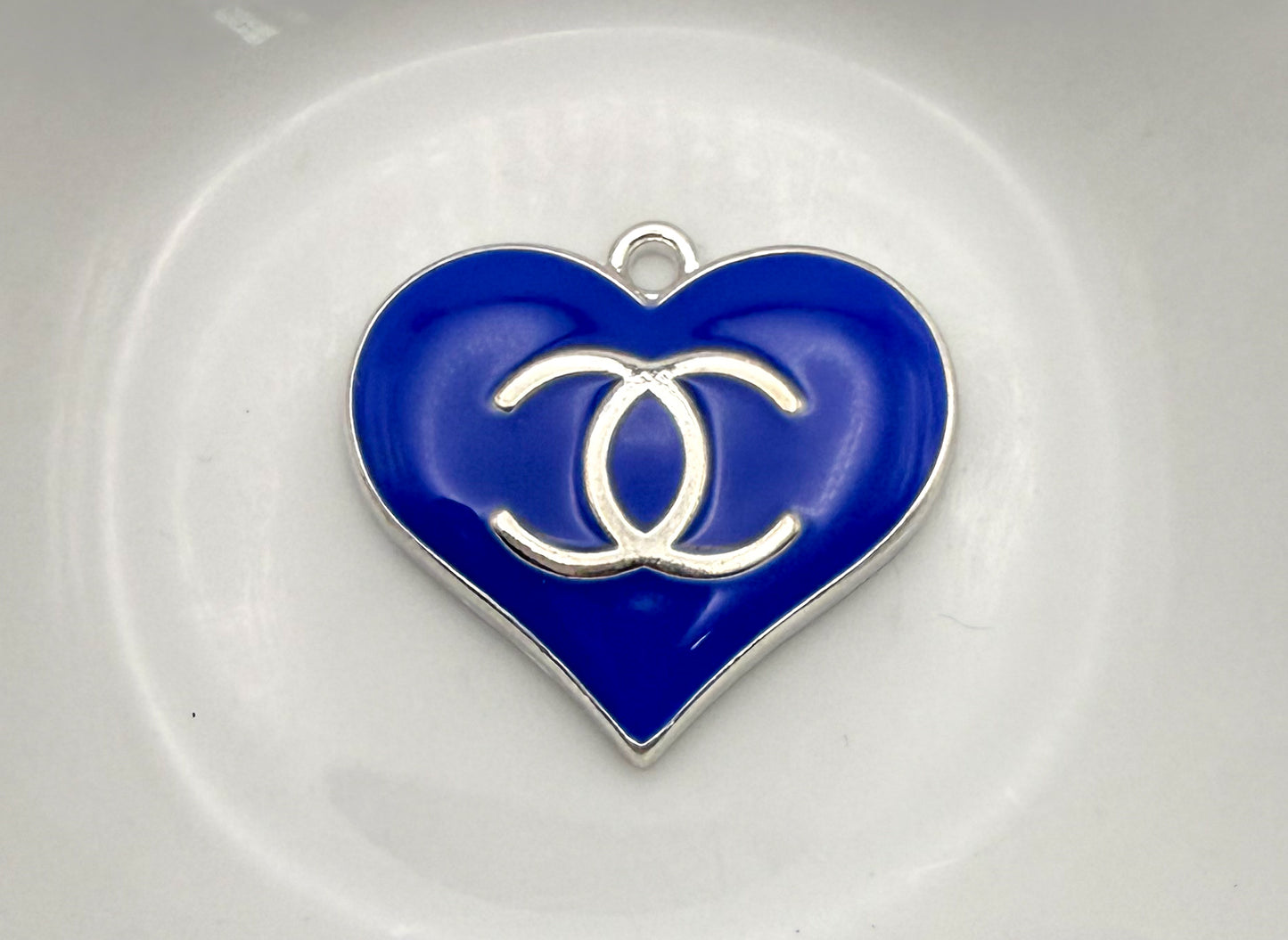 Silver CC Designer Colorful Enamel Heart Charm Pendant