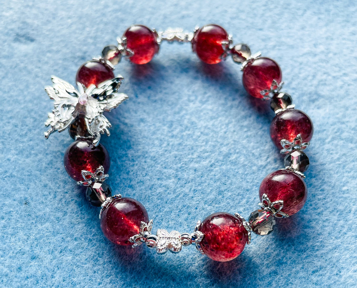 Natural Strawberry Quartz Crystal Silver Butterfly Bracelet