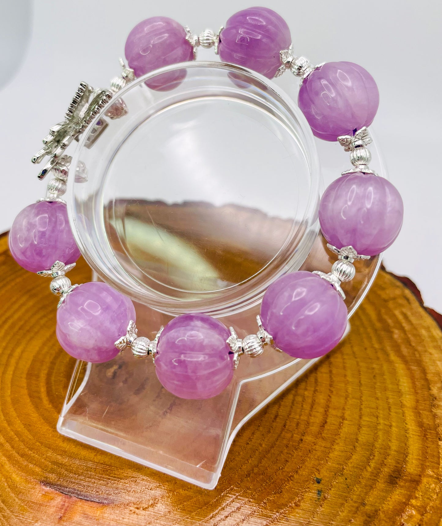 Natural Kunzite Pumpkin Craving Crystal Bracelet with Silver Double Butterfly Charm