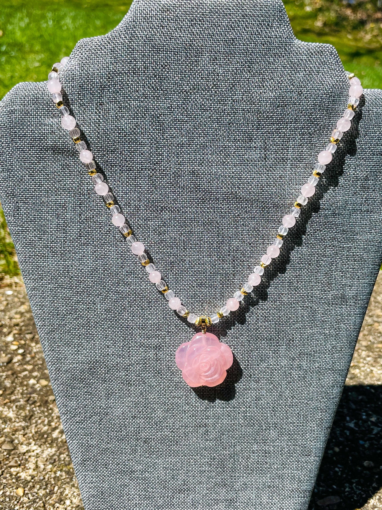 Natural Rose Quartz Rose Crystal Carving Beaded Adjustable Necklace