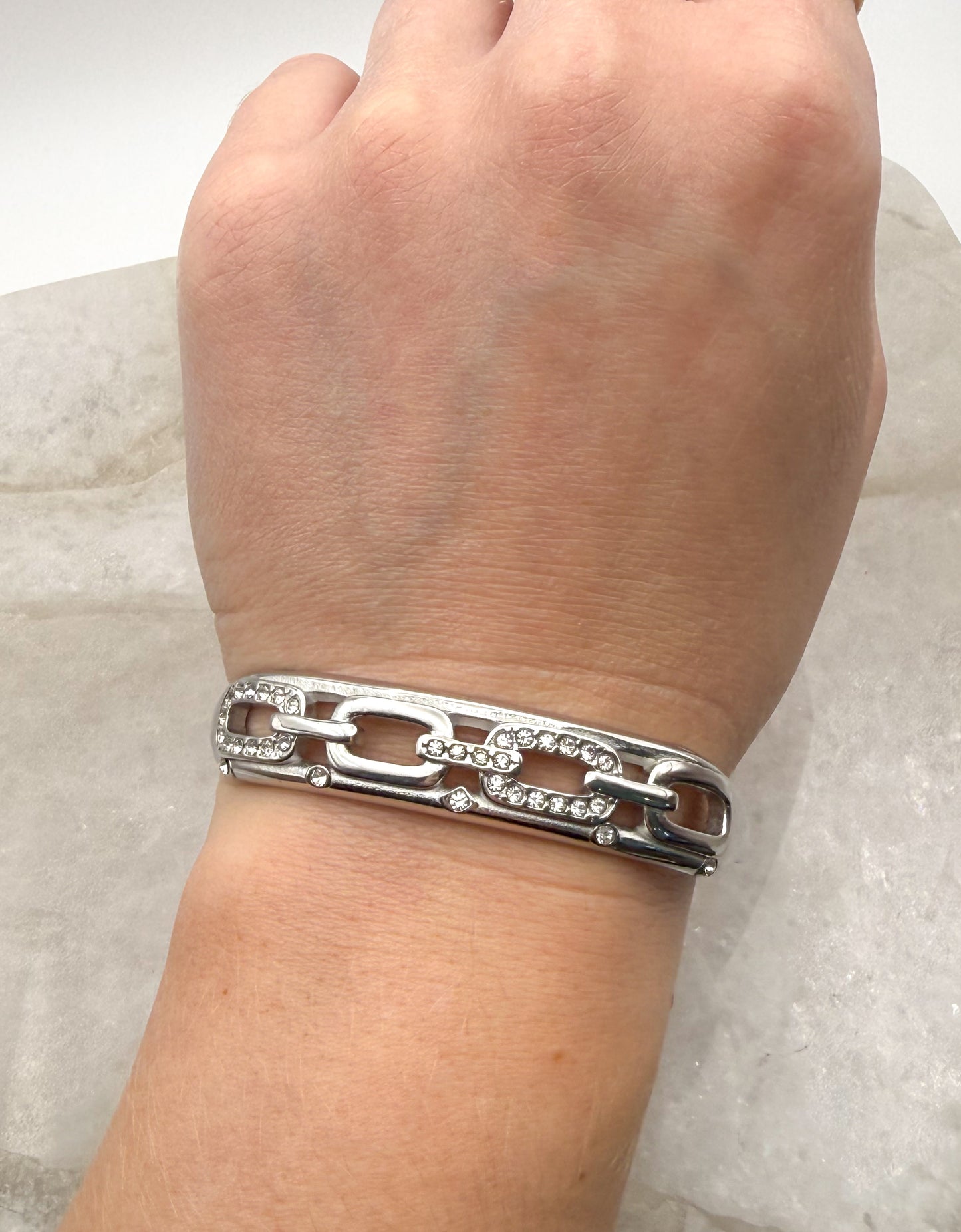 Silver Stainless Steel Bling Oval Chain Link Bangle Bracelet