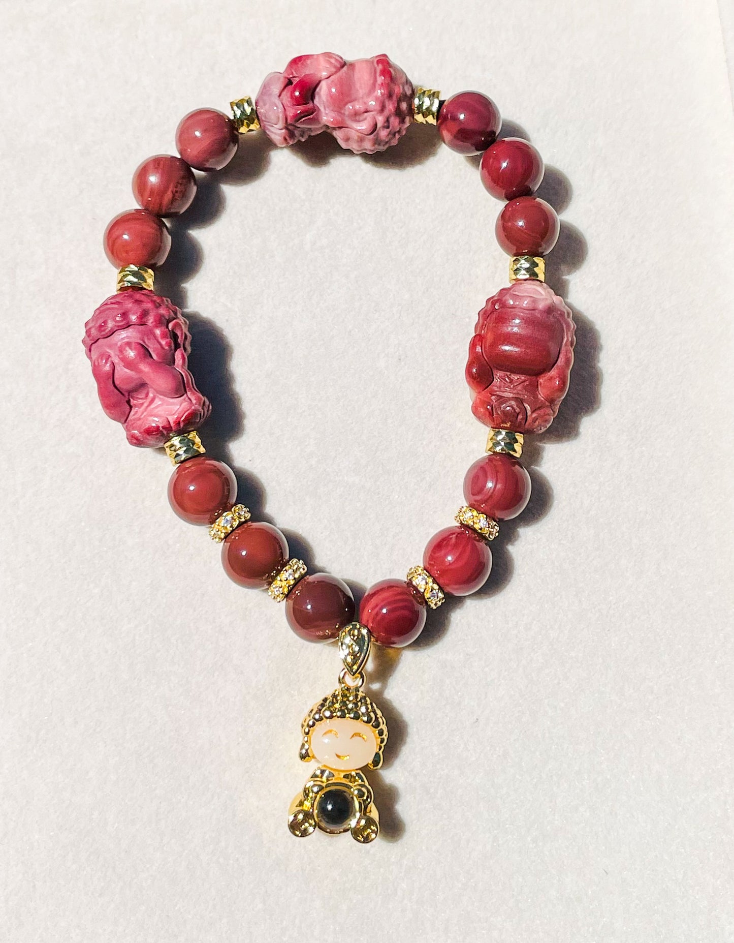 Hear, See & Speak No Evil Baby Budda Sitting on Lotus Natural Alashan Agate Crystal Carving Beaded Stretch Adjustable Bracelet