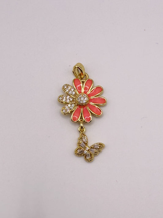 Gold Flower & Dangling Butterfly Charm Pendant
