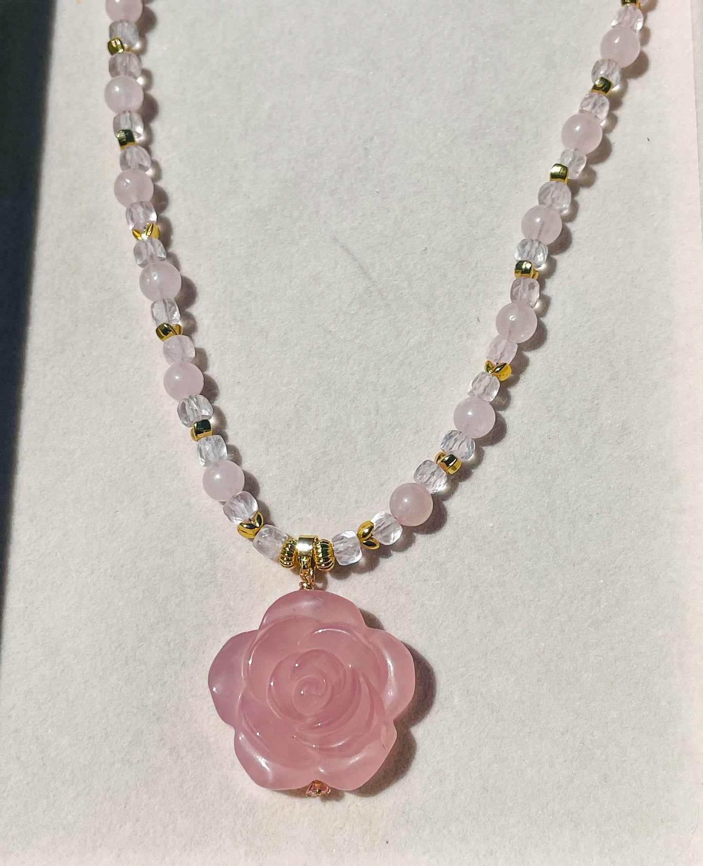 Natural Rose Quartz Rose Crystal Carving Beaded Adjustable Necklace