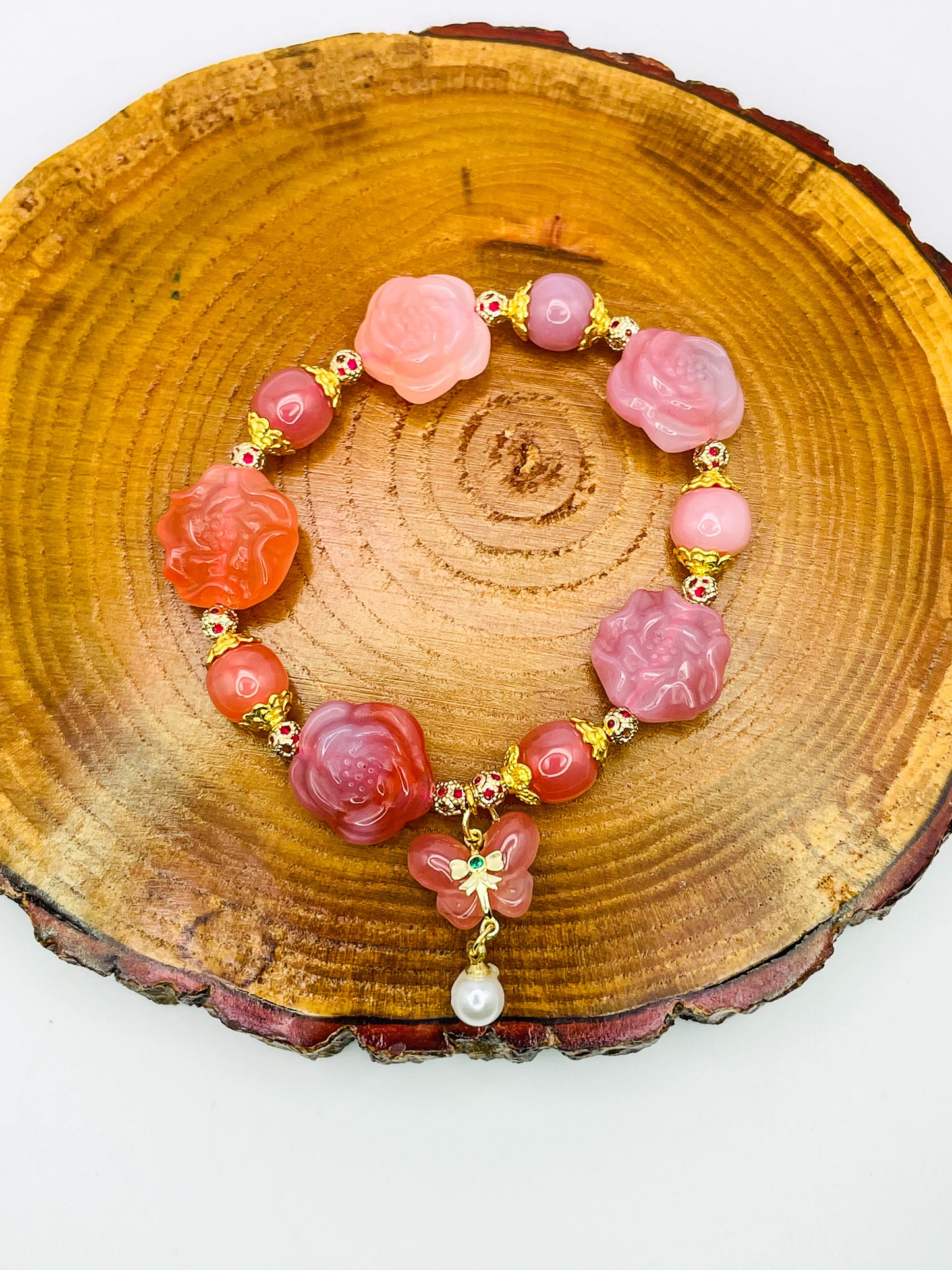 Natural Yanyuan Agate Peony Flower with Butterfly Dangle Carving Adjustable Stretchy Bracelet