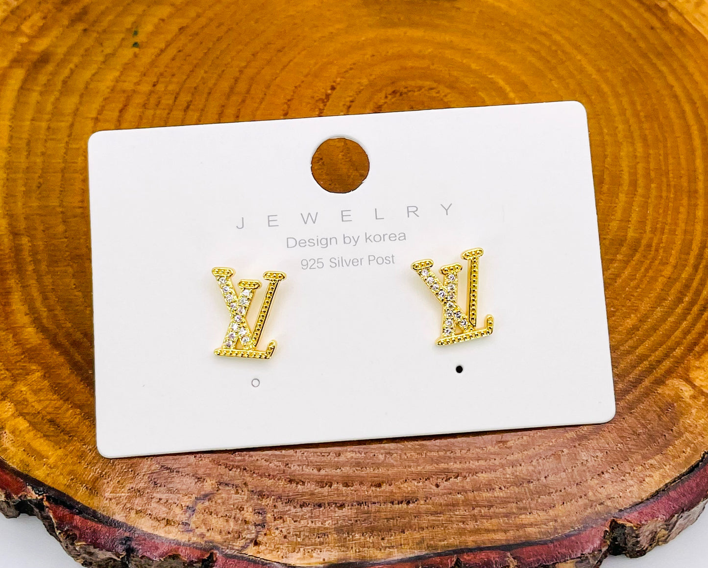 14k Gold overlay S925 Sterling Silver LV Stud Earrings