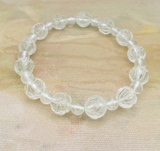 Lotus Craved Natural Clear Quartz Crystal Beaded Bracelet