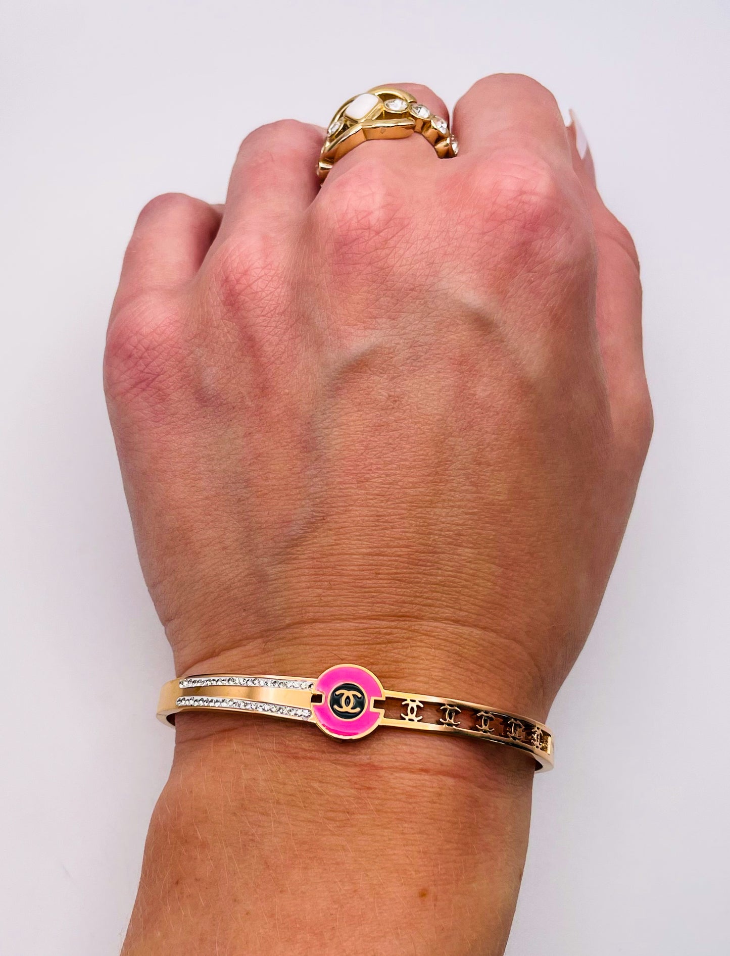 Pink Enameled CC Logo Gold Stainless Bangle Bracelet