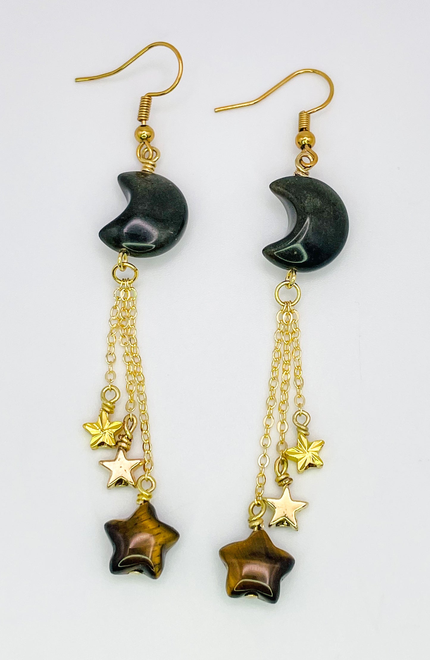 Gold Black Obsidian Moon Dangling Earrings with Natural Tigers Eye Star Beads