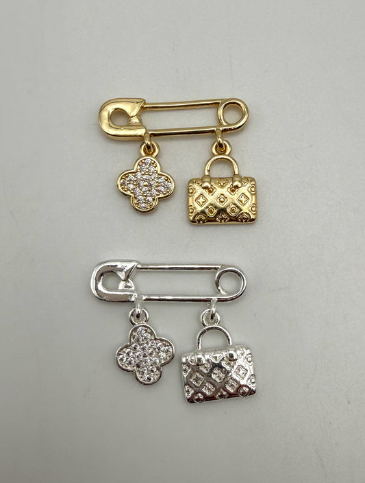 LV Inspired Clover & Purse Silver or Gold Safety Pin Dangle Charm Pendant