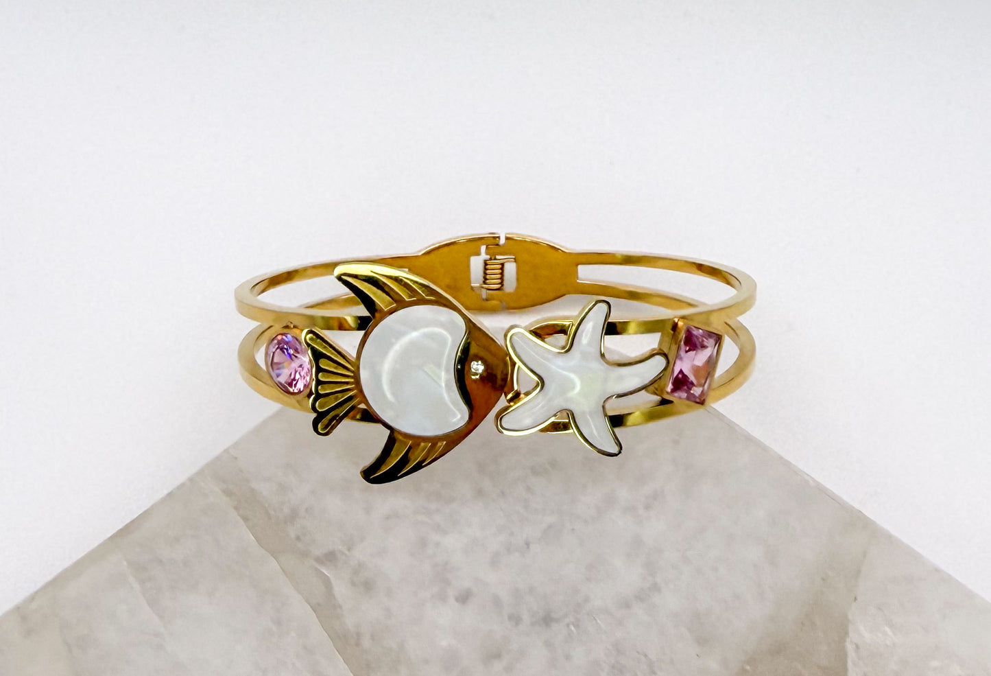 Gold Stainless Steel Sea Animal Open Front Bangle Bracelet
