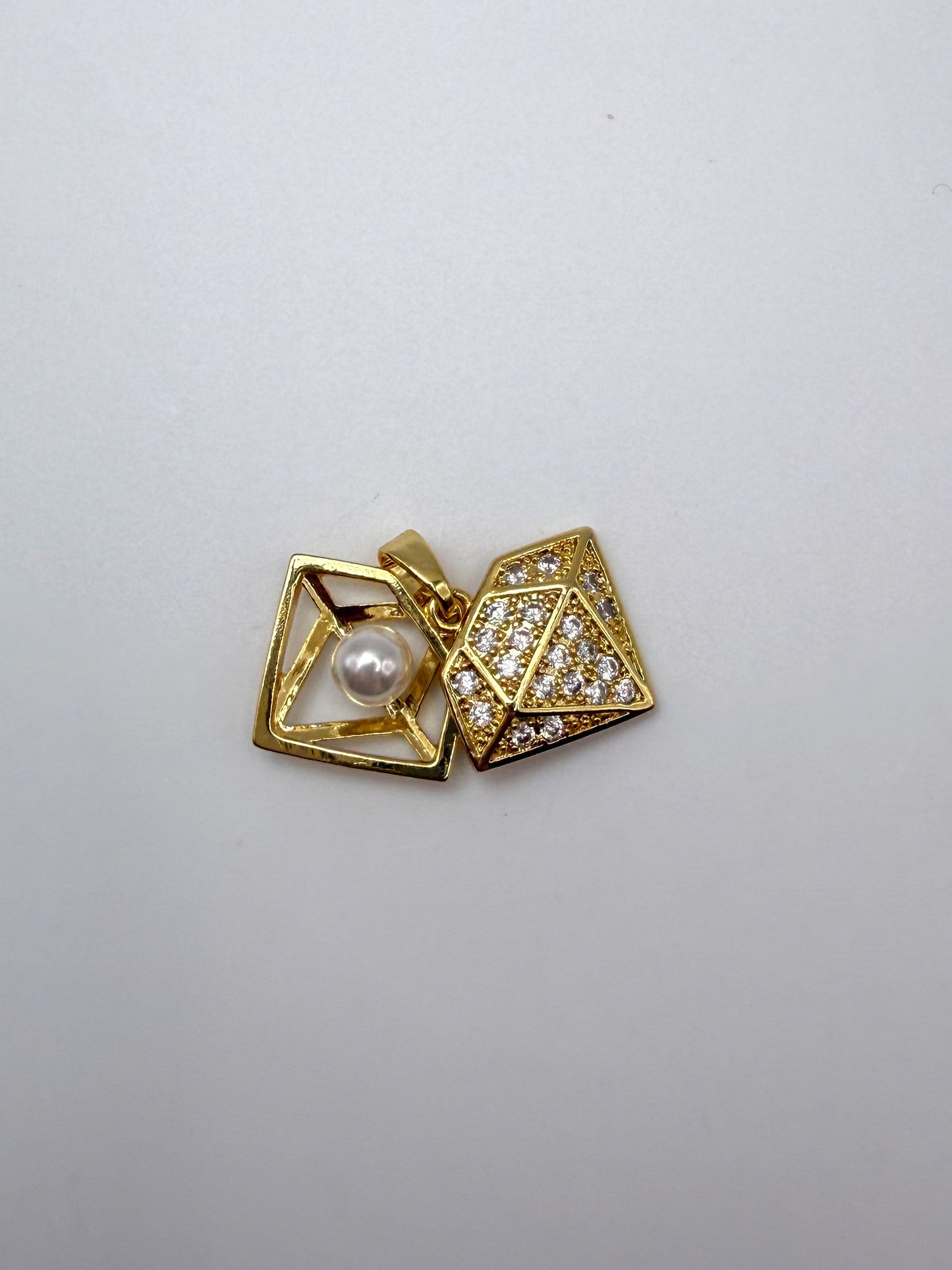 Double Open Gold Diamond with Center Pearl Charm Pendant