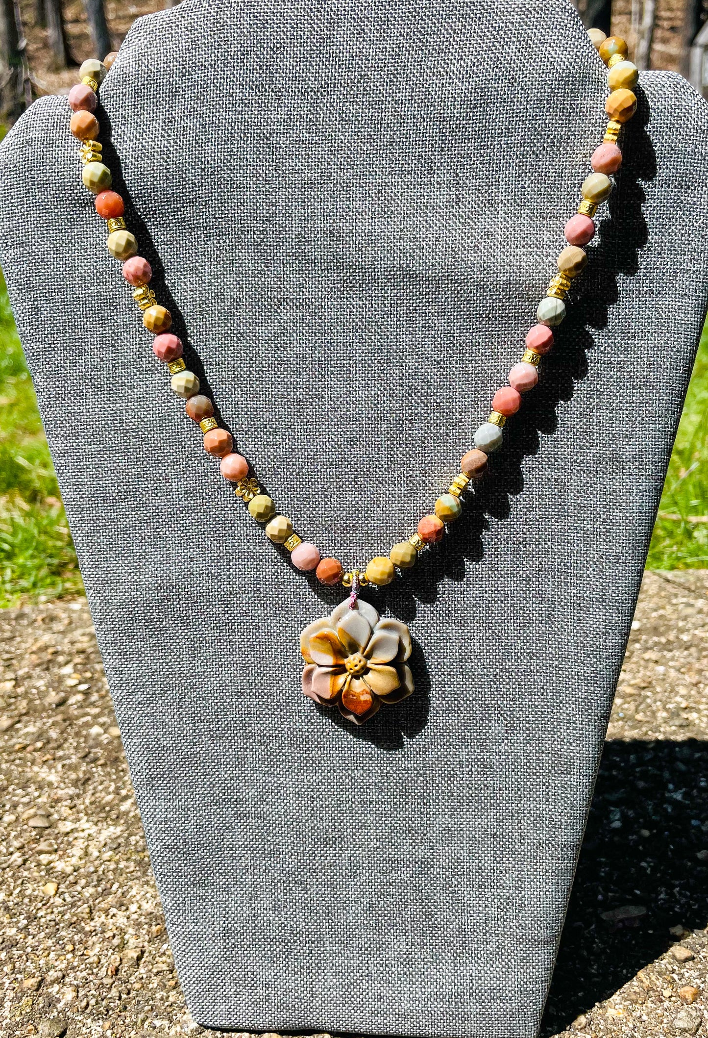 Natural Alashan Agate Sakura Flower Beaded Necklace