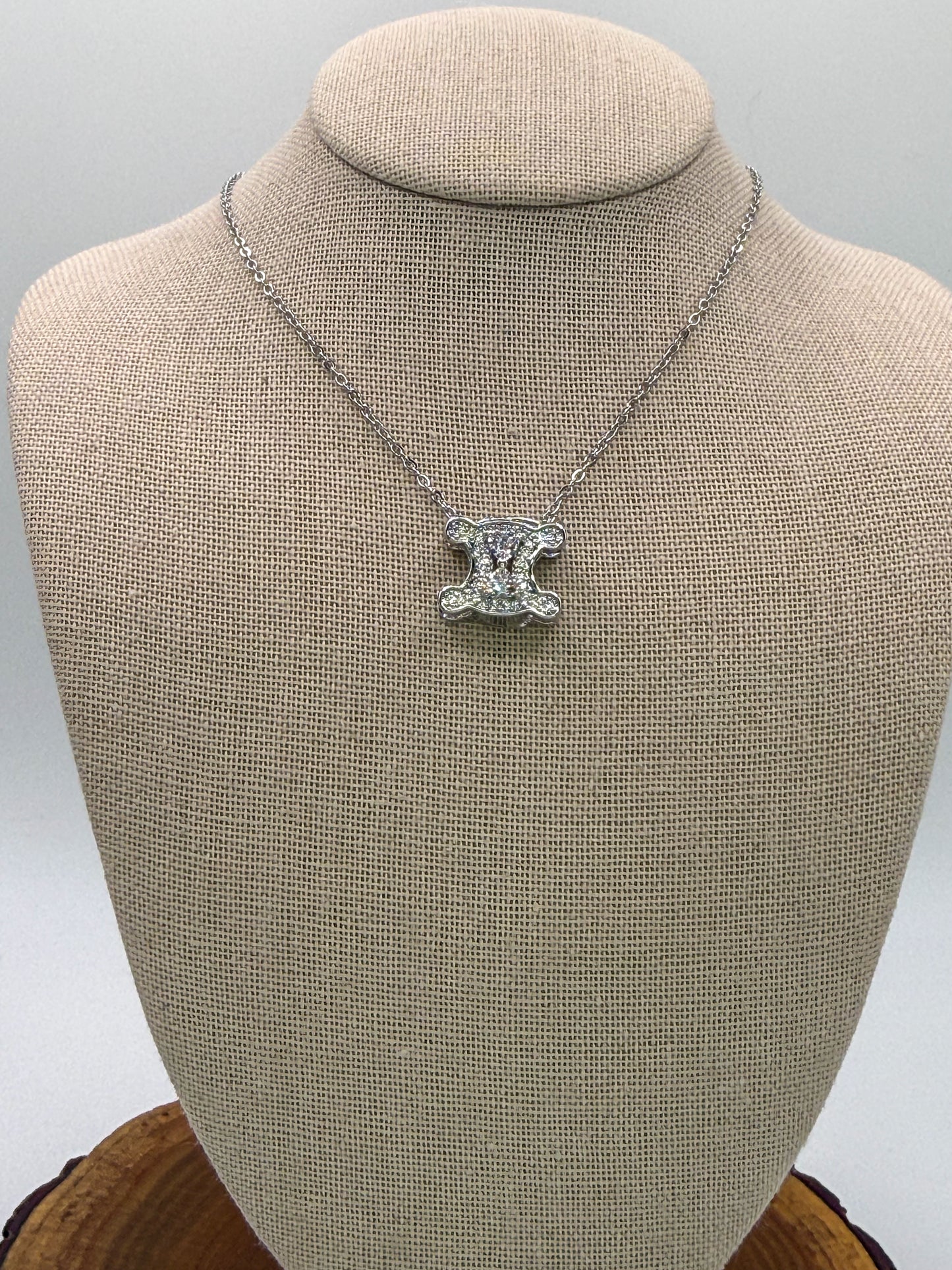 Silver Sparkly Celine Designer Logo Stainless Steel Necklace