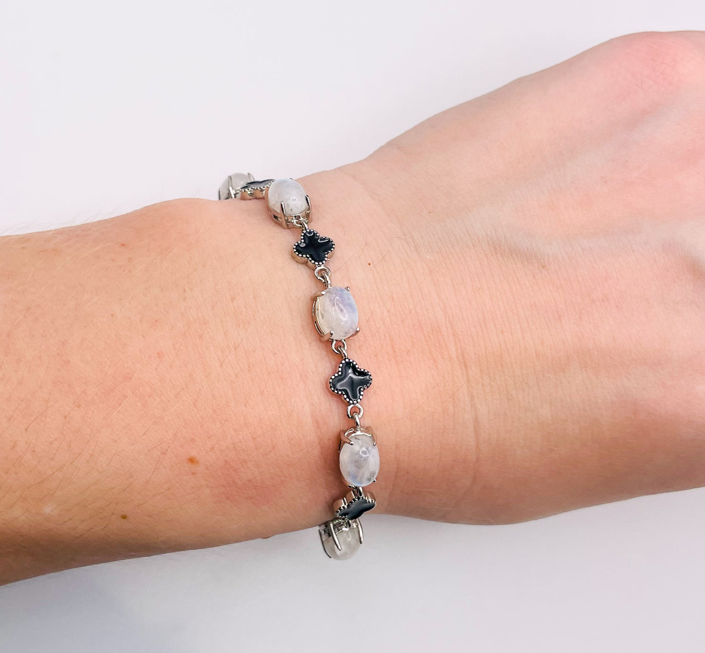 Natural Blue Moonstone LV Clover  Silver Chain Adjustable Bracelet