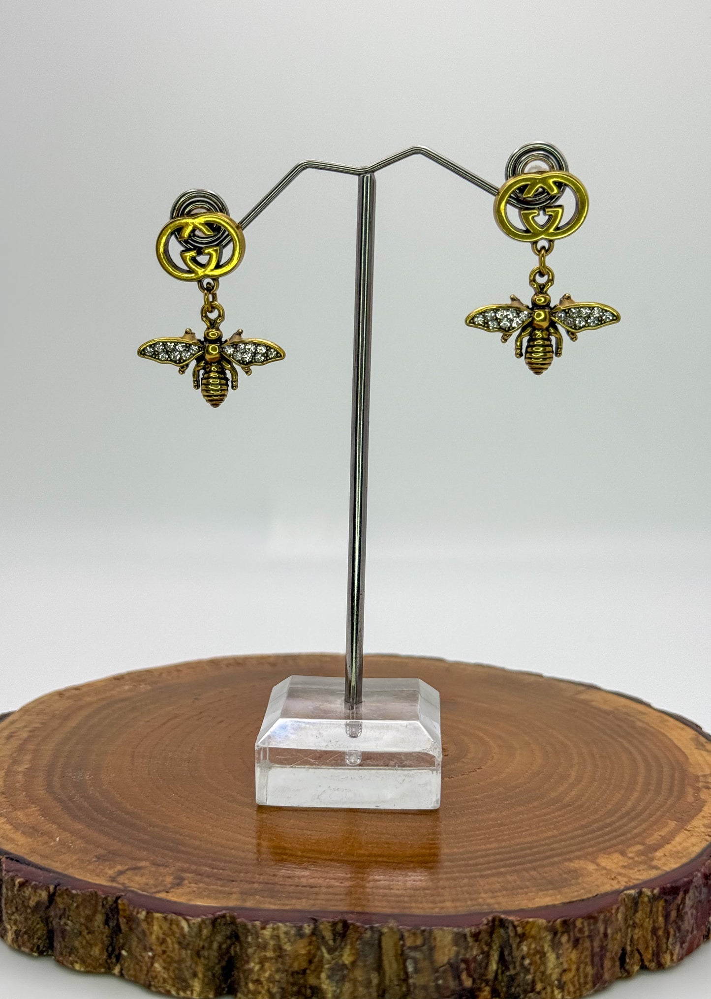 Antique Gold GG Designer Bumble Bee Stud Earrings