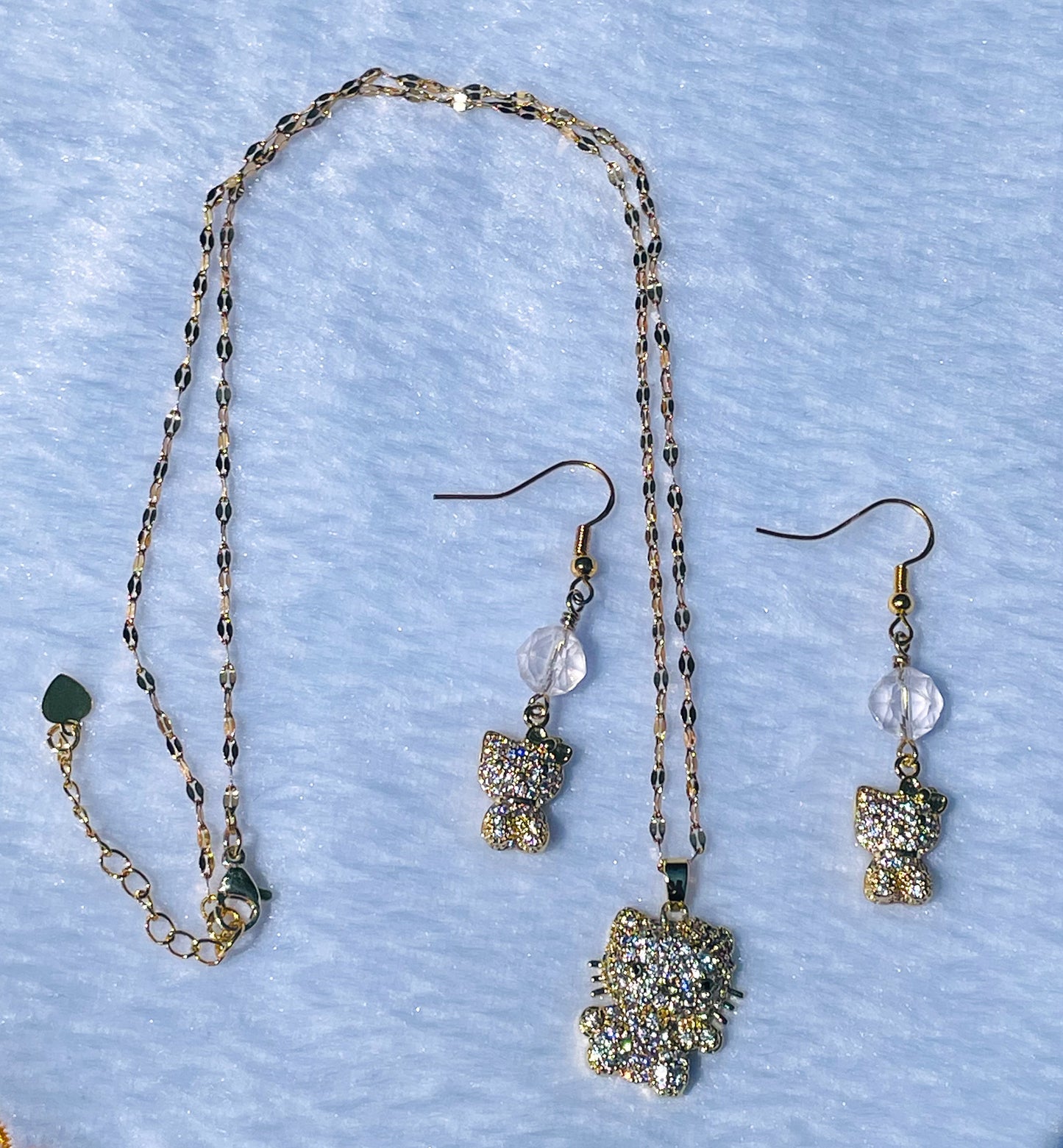 Hello Kitty Bling Gold Jewelry Set- Matching Necklace and Earrings-S925 Gold