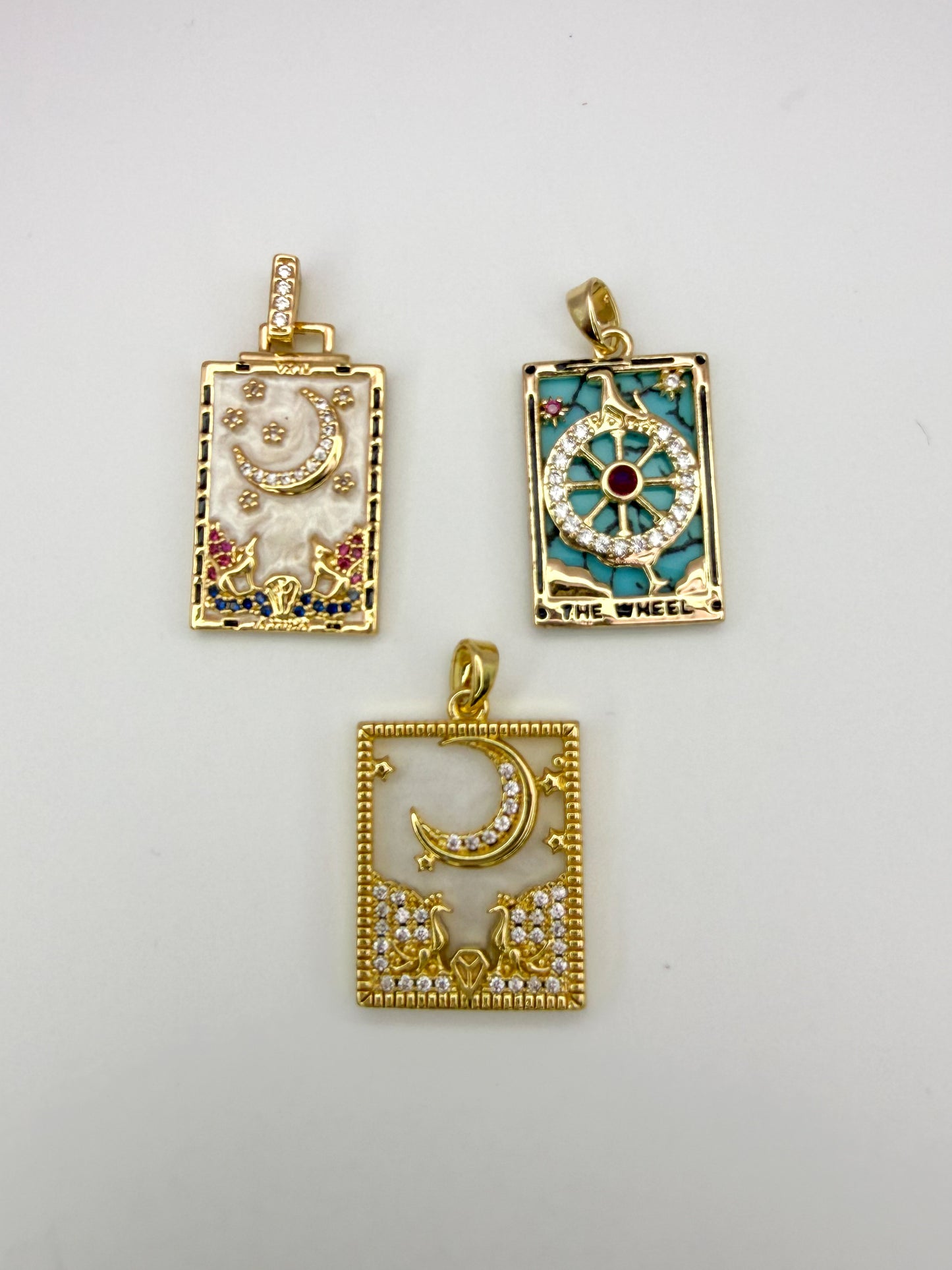 Gold The Wheel Tarot Card & Moon Card Pendants