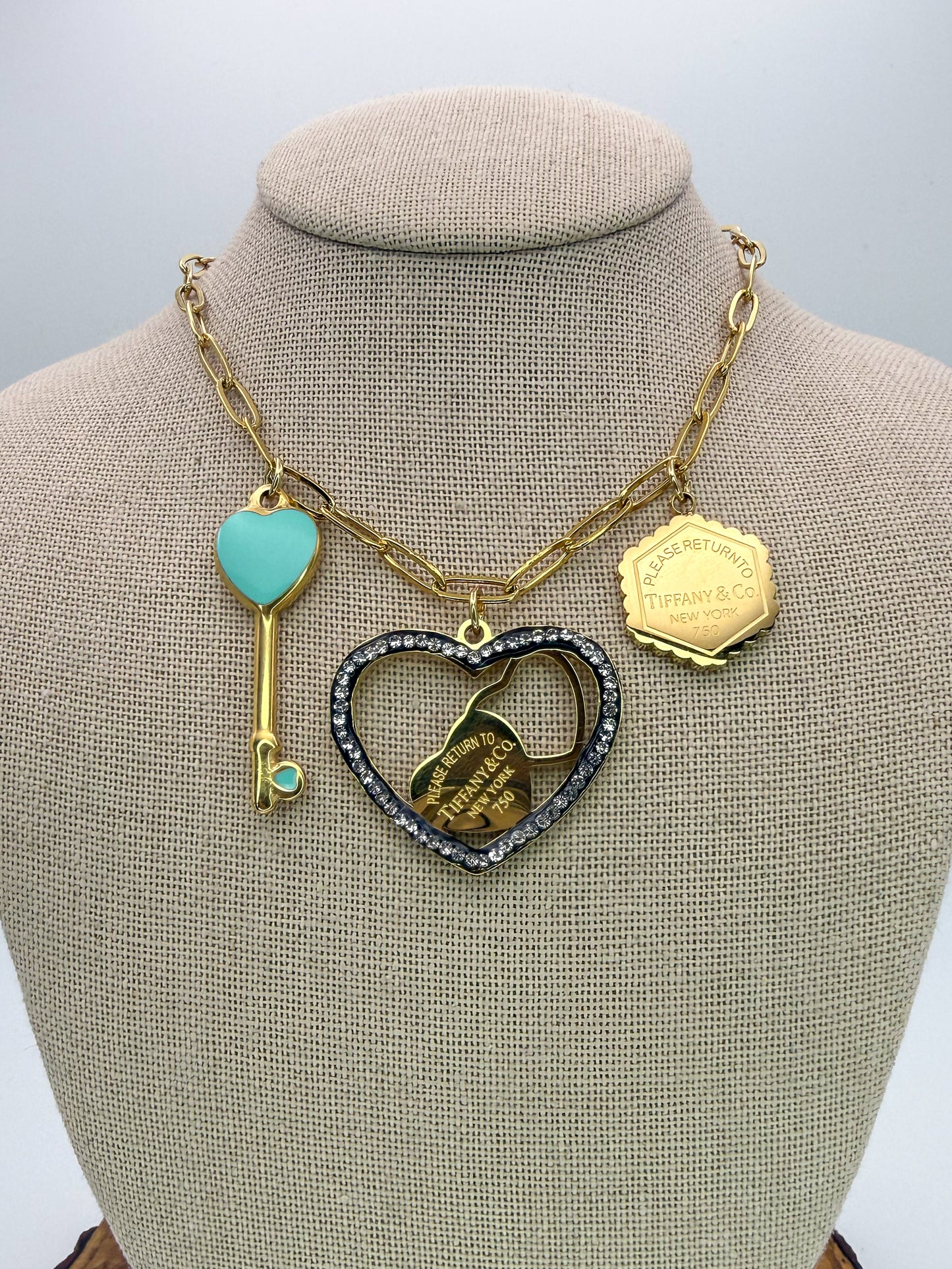 Gold Stainless Steel T&Co. Charm Necklace & Stud Earrings Jewelry Set