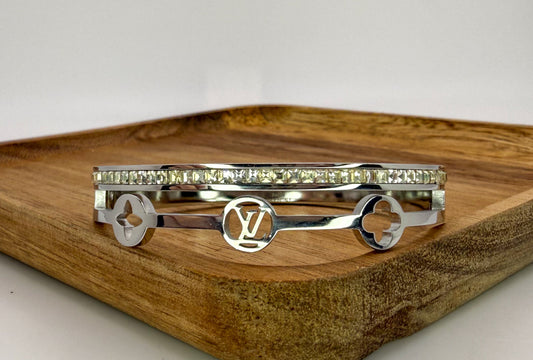 Silver Stainless Steel LV Designer with Rhinestones Bangle Bracelet