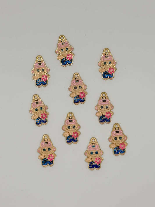 Pink Hat Labubu Gold Metal DIY Charm set