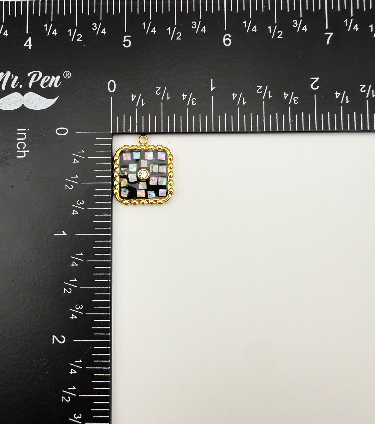 Gold Stainless Steel Square Black Enamel with Abalone Shell Pieces Charm Pendant