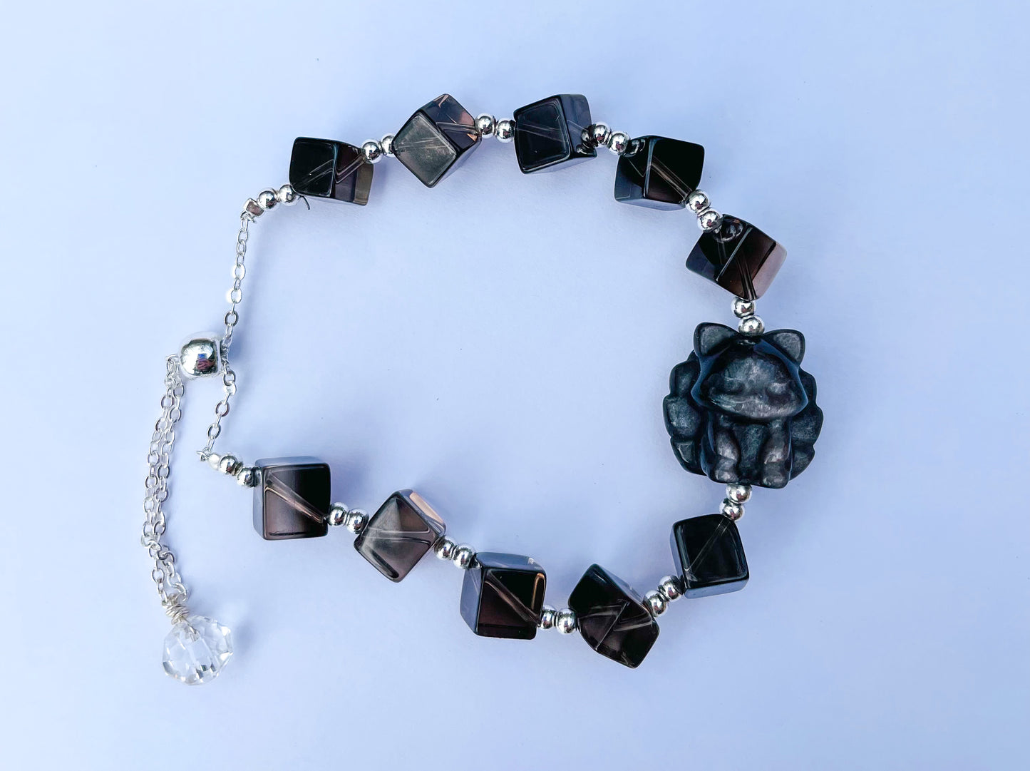 Natural Silver Obsidian 9 Tailed Fox & Smoky Quartz Irregular Beaded Adjustable Chain Bracelet