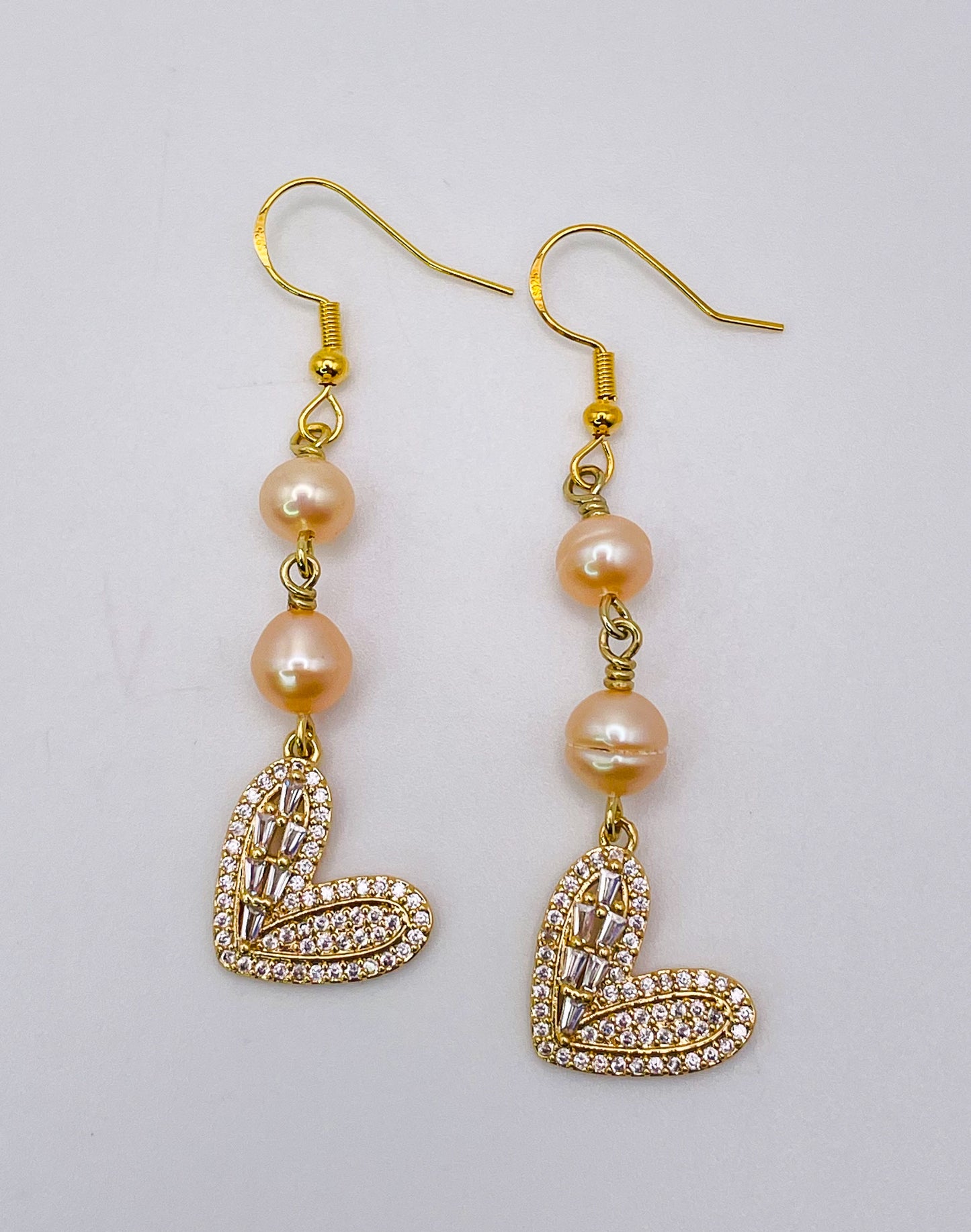 Bling Heart Earrings with Freshwater Pink Pearls