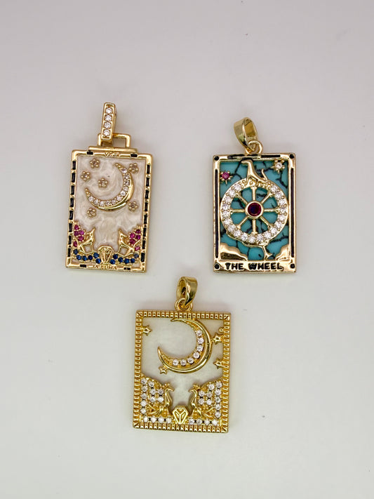 Gold The Wheel Tarot Card & Moon Card Pendants
