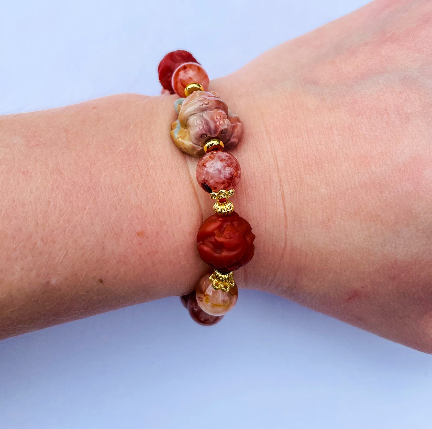 Natural Fire Quartz with Natural Alashan Agate & Red Jasper 9 Tailed Fox Crystal Carving Beaded Stretch Adjustable Bracelet