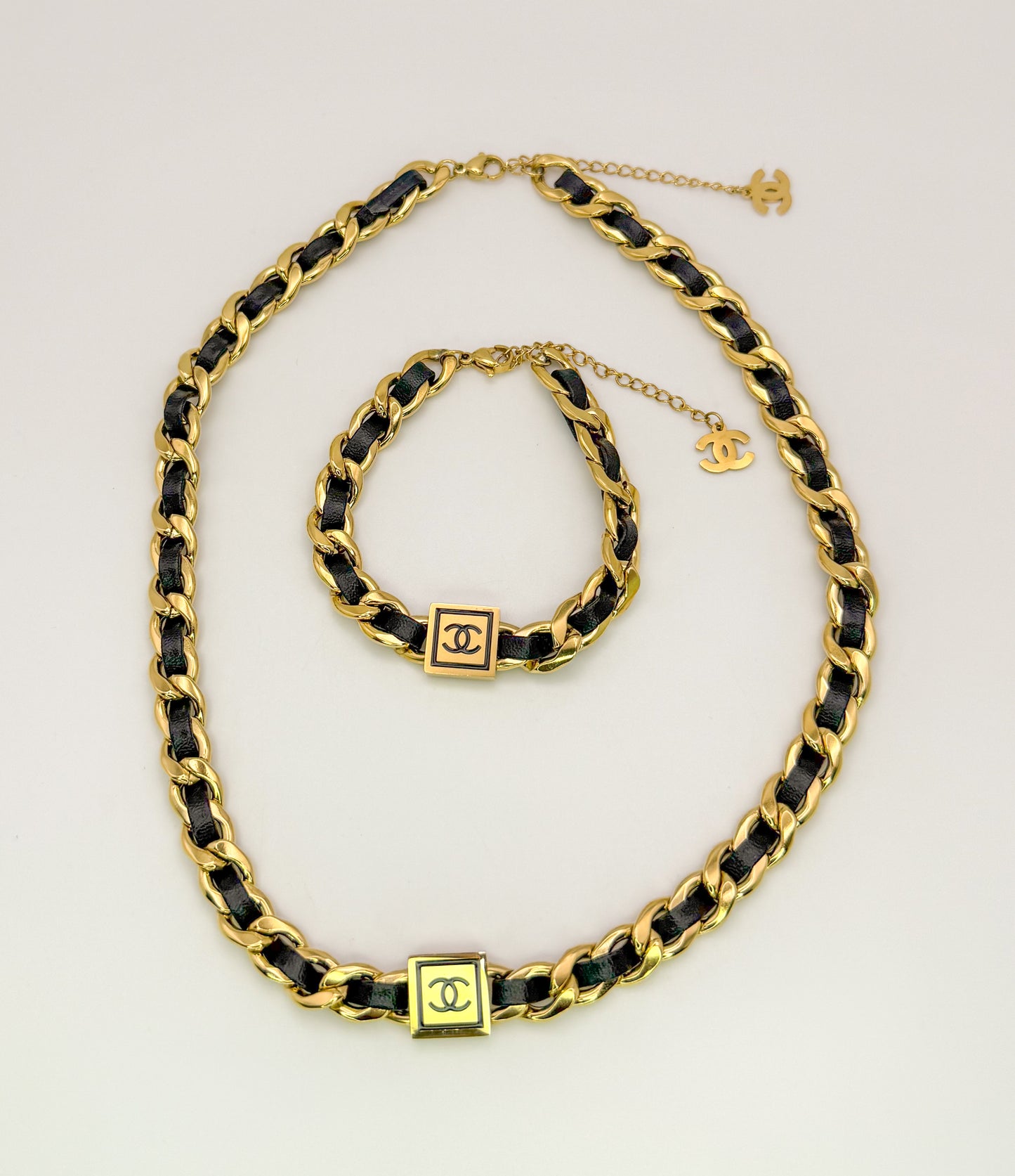 Chanel Gold & Leather Necklace Bracelet Set