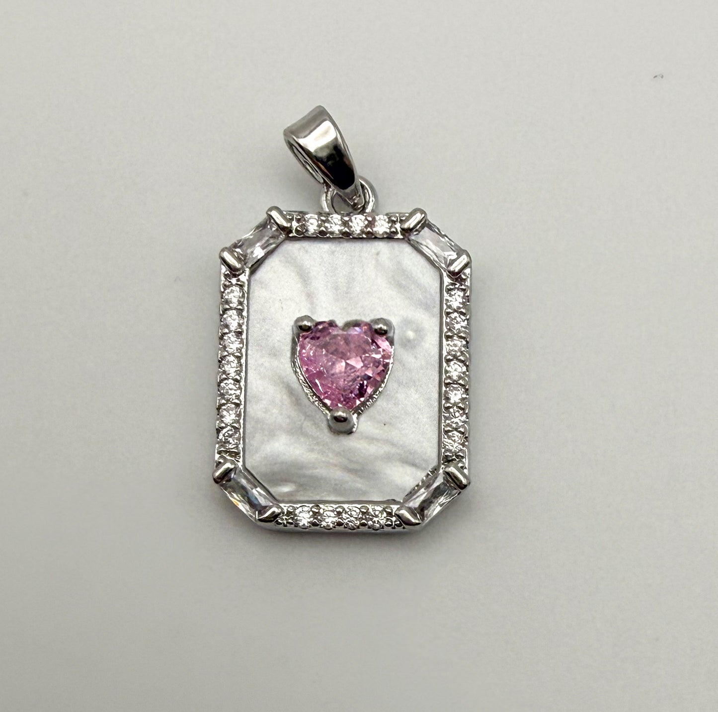 Mother of Pearl Shell with Pink CZ Heart Gold & Silver Pendant