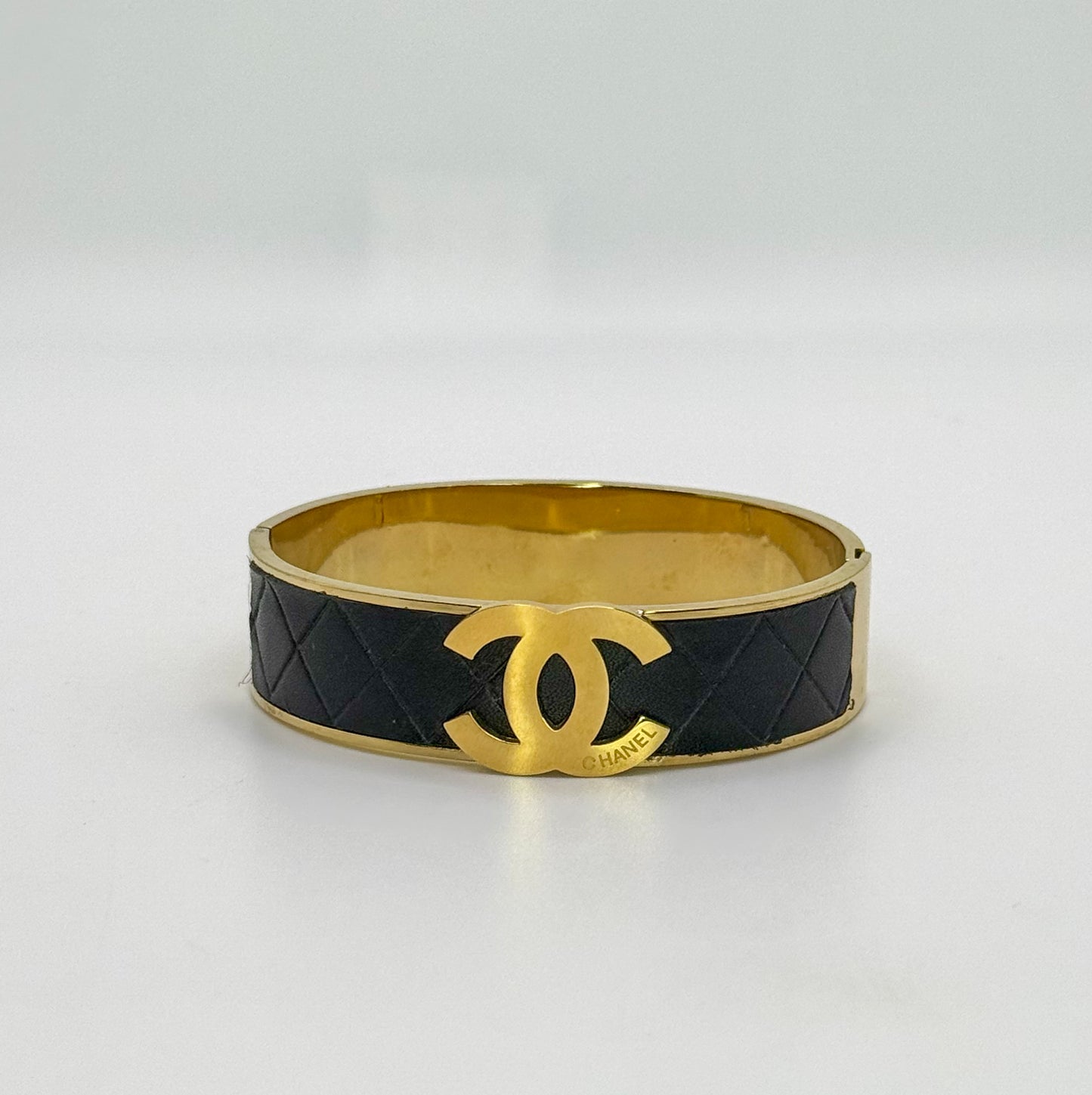Thick Gold CC Bangle Bracelet with  Leather Wrap