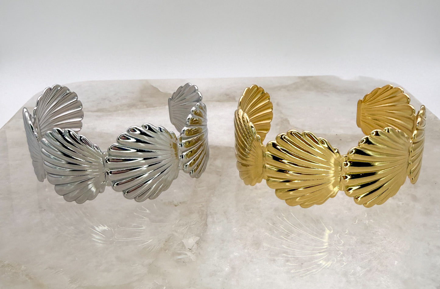 Scallop SeaShell Stainless Steel Gold or Silver Plated Open Back Adjustable Cuff Bangle Bracelet