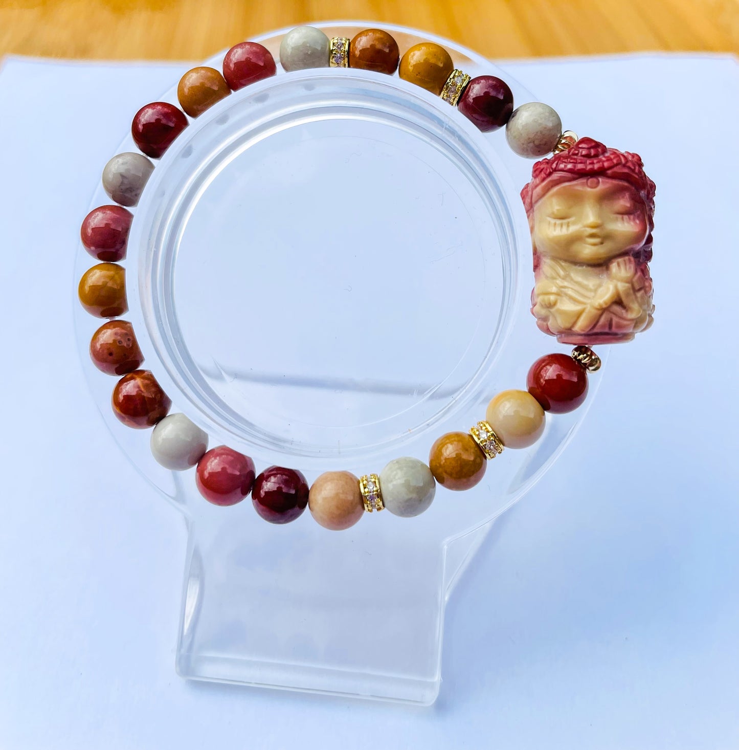 Natural Mooncake Alashan Agate Goddess Crystal Carving Beaded Stretch Adjustable Bracelet