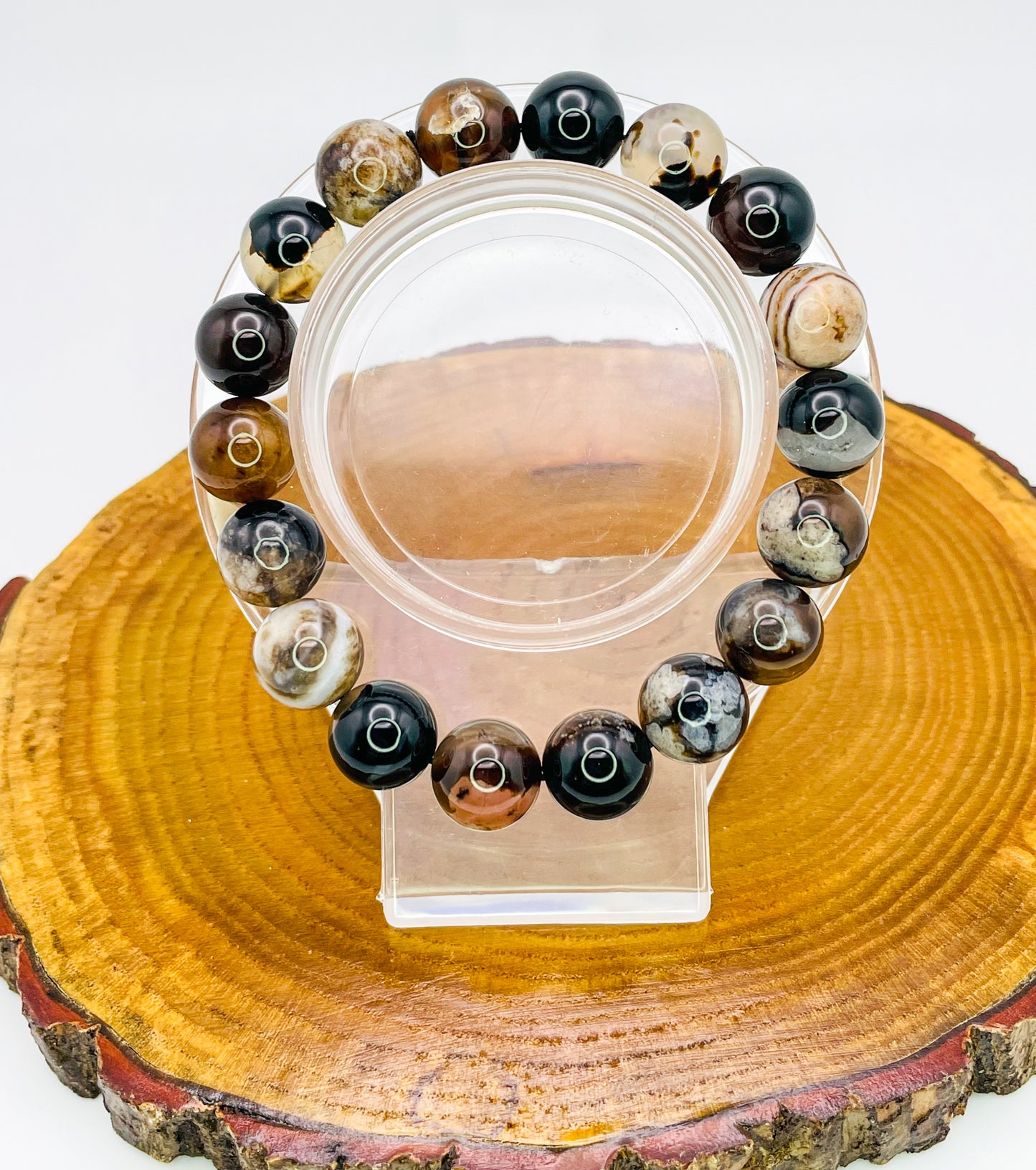 Natural Black Flower Agate Crystal Beaded Stretch Adjsutable Bracelet