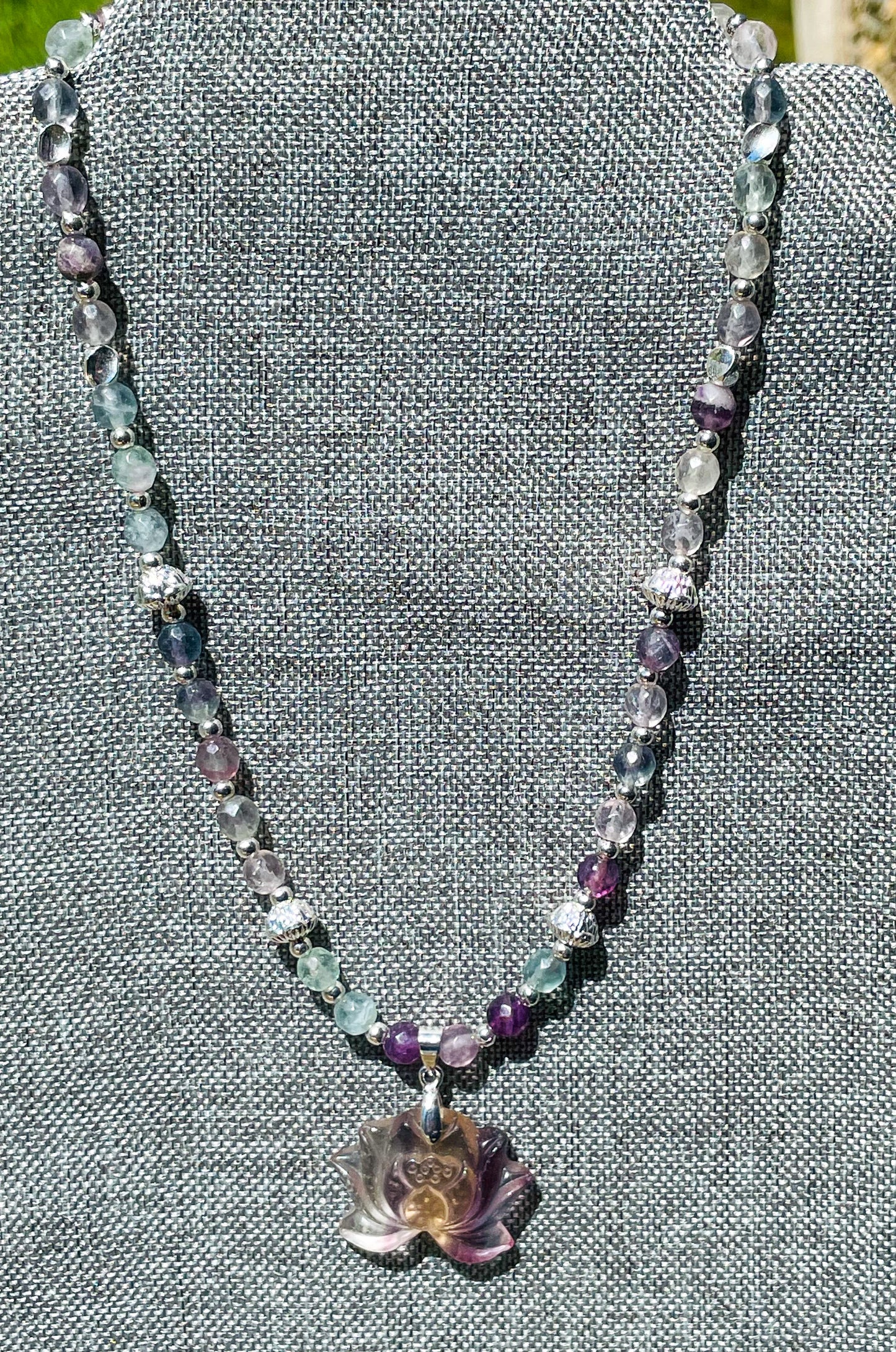 Natural Fluorite Lotus Crystal Carving Beaded Adjustable Necklace