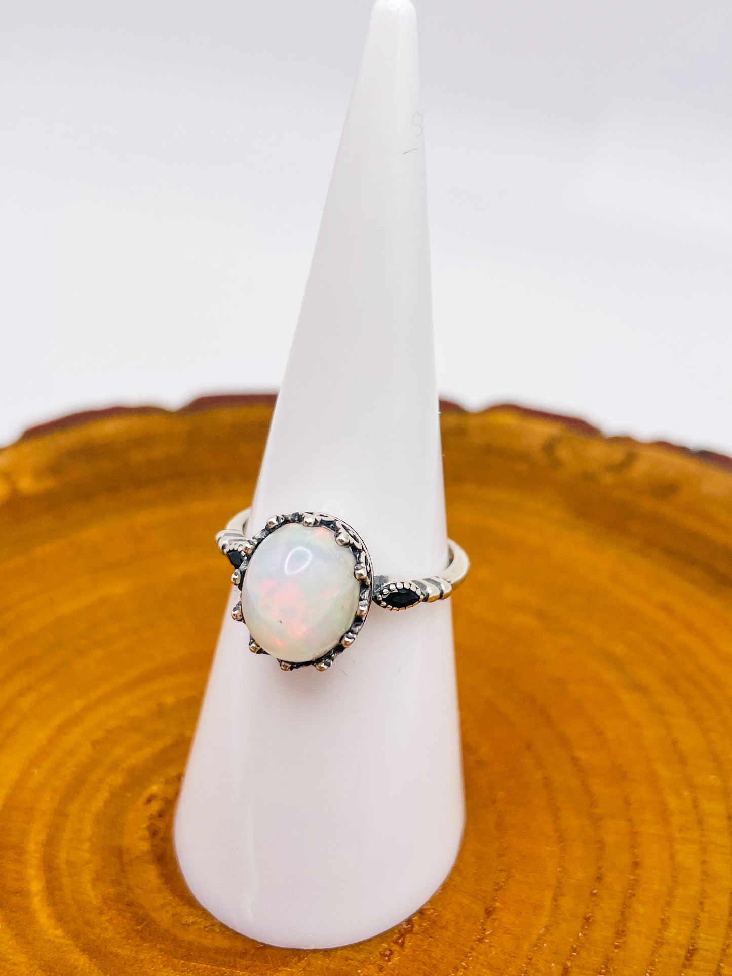 Sterling Silver Big White Opal Statement Adjustable Ring