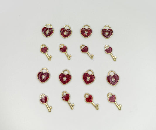 Mini Gold & Sparkling Red Heart Lock & Key DIY Charm Mix