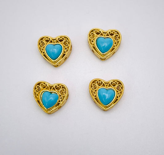 Gold Heart Charm Bead with Turquoise Synthetic Gem