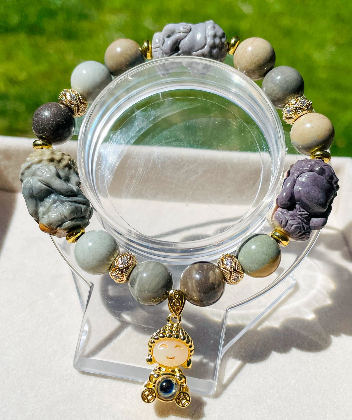 Hear, See & Speak No Evil Baby Budda Sitting on Lotus Natural Alashan Agate Crystal Carving Beaded Stretch Adjustable Bracelet