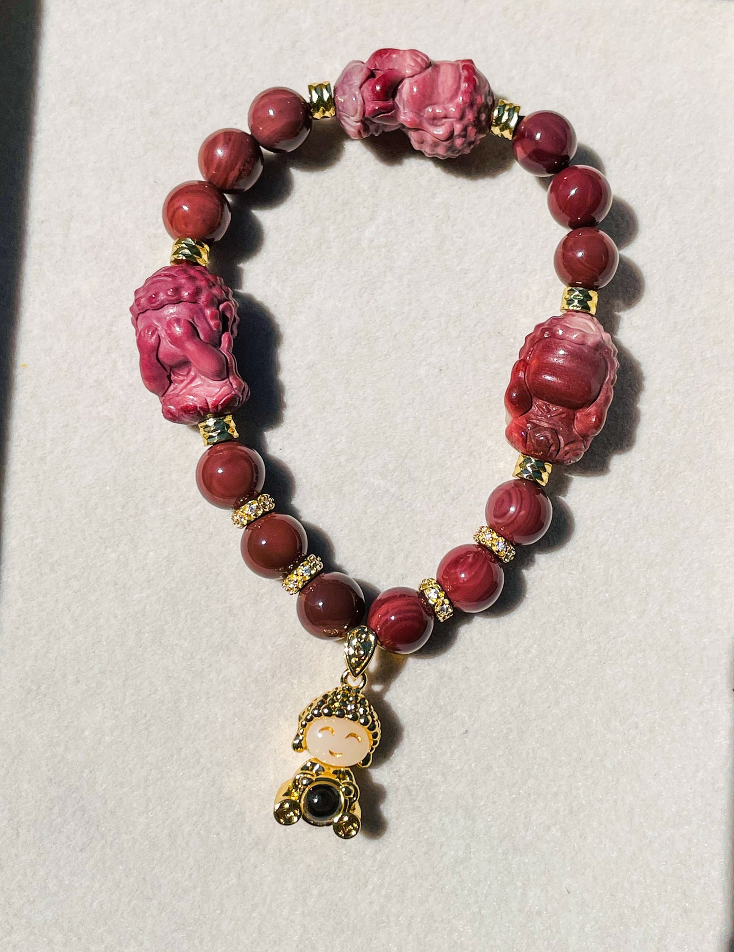 Hear, See & Speak No Evil Baby Budda Sitting on Lotus Natural Alashan Agate Crystal Carving Beaded Stretch Adjustable Bracelet